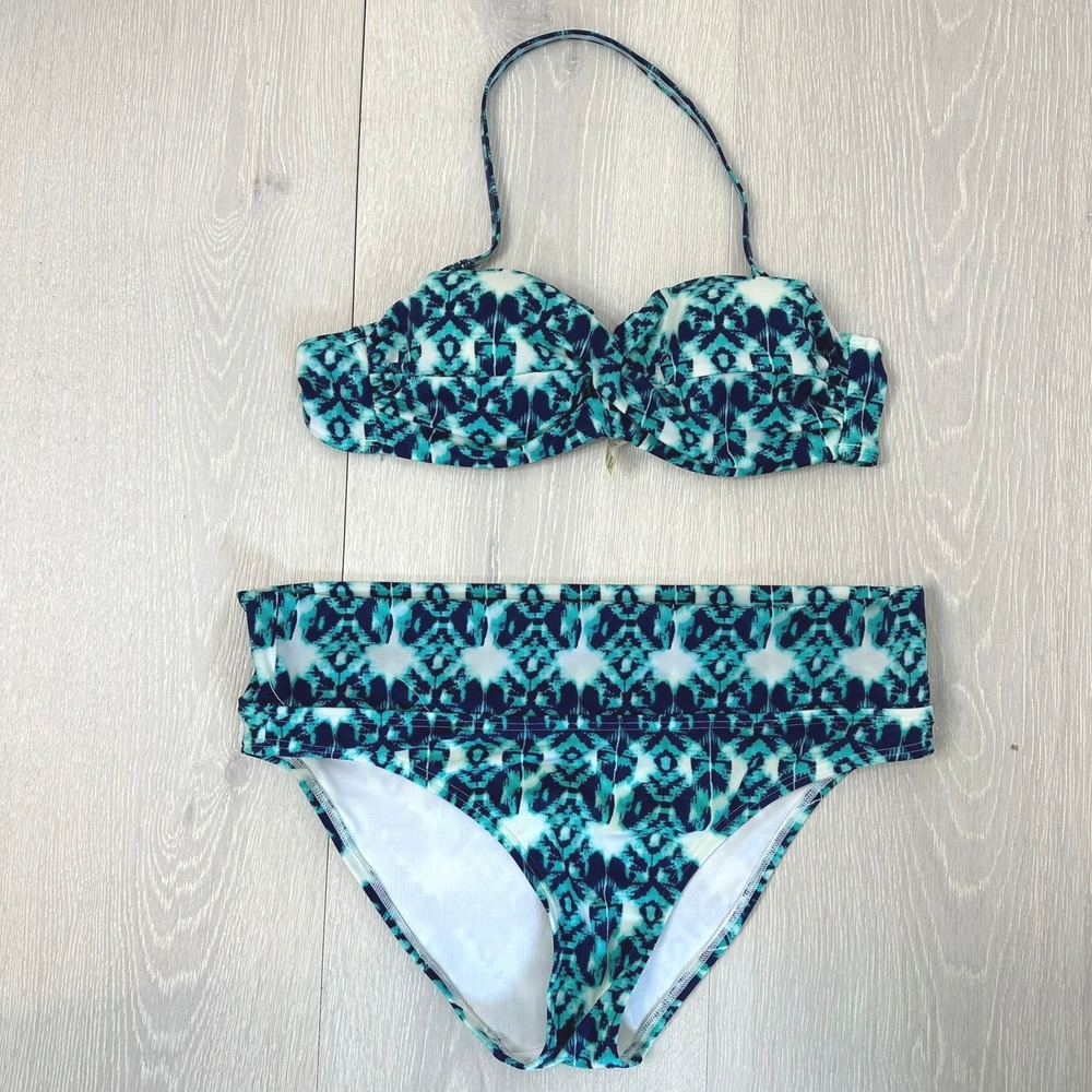 Victoria's‎ Secret Bikini Set Womens 36A/M Teal Ikat High Waist Swimsuit